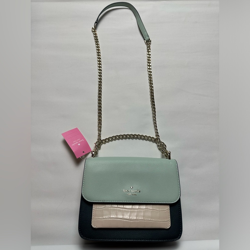 NWT Kate Spade flap crossbody, chain strap. Green and cream croc print.